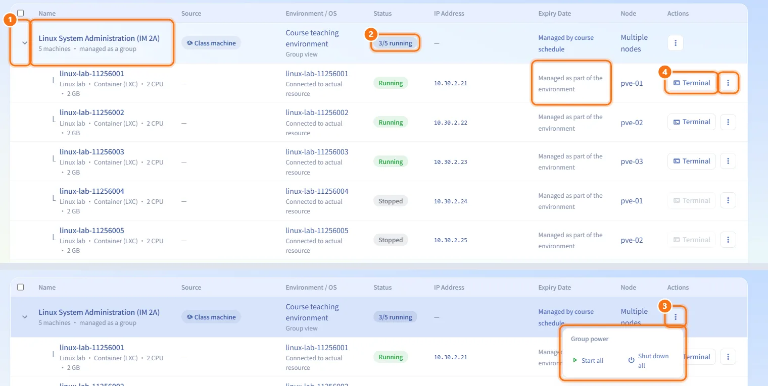 Work with course and quick practice environments (numbers match the steps above)