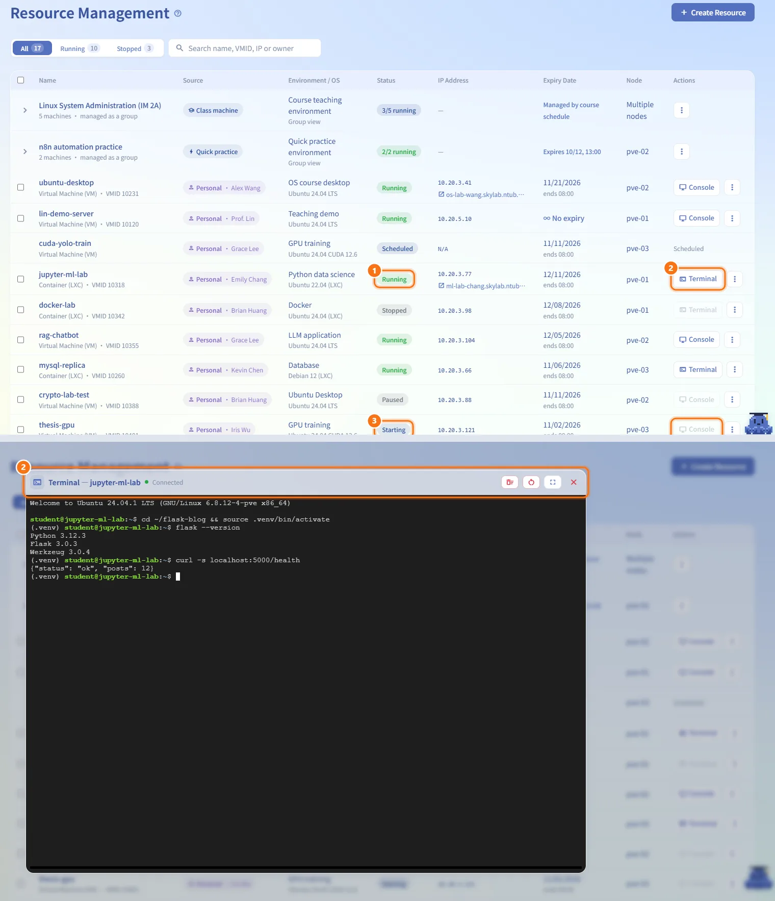 Open a machine's console (numbers match the steps above)