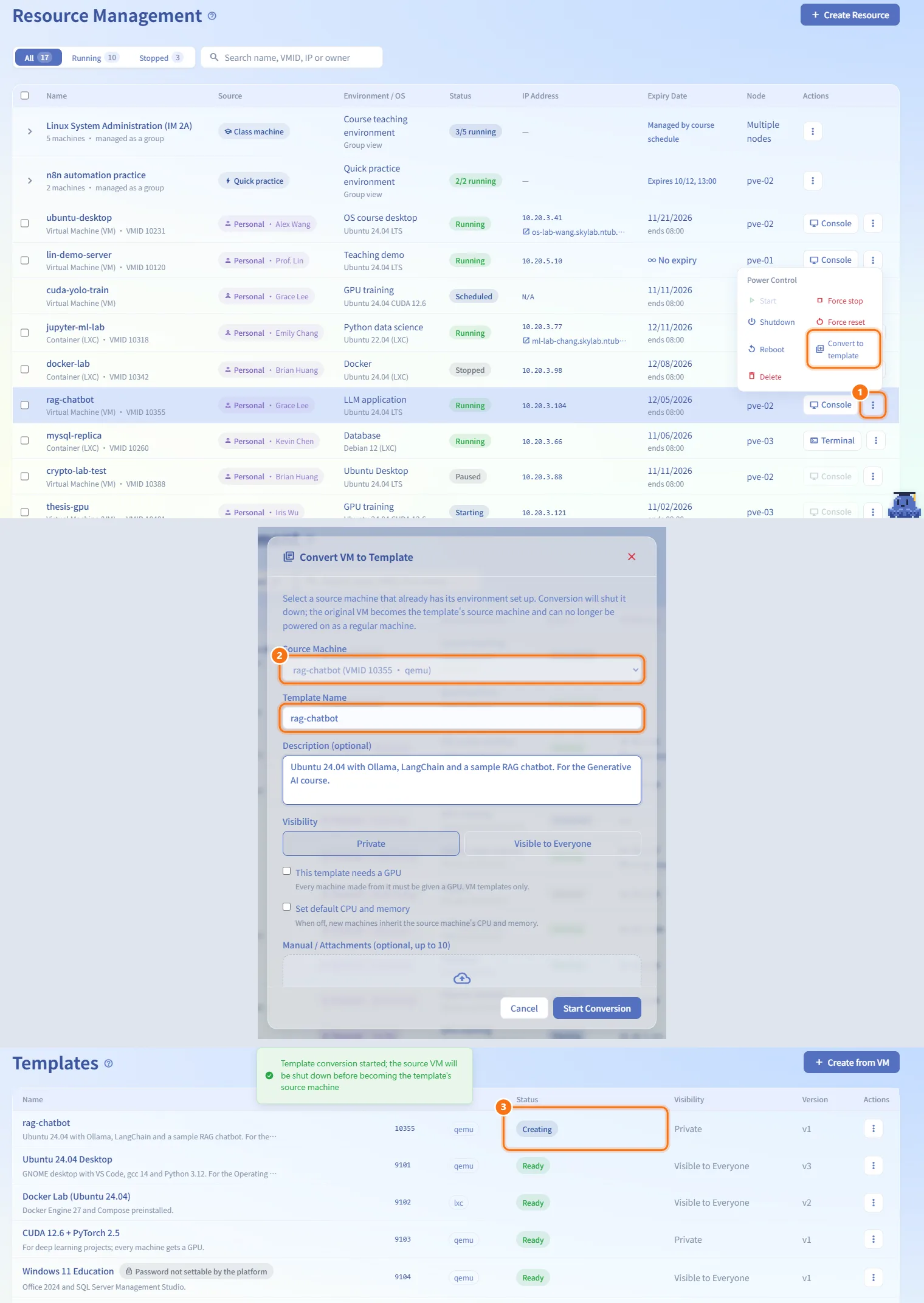 Convert a machine to a template (numbers match the steps above)
