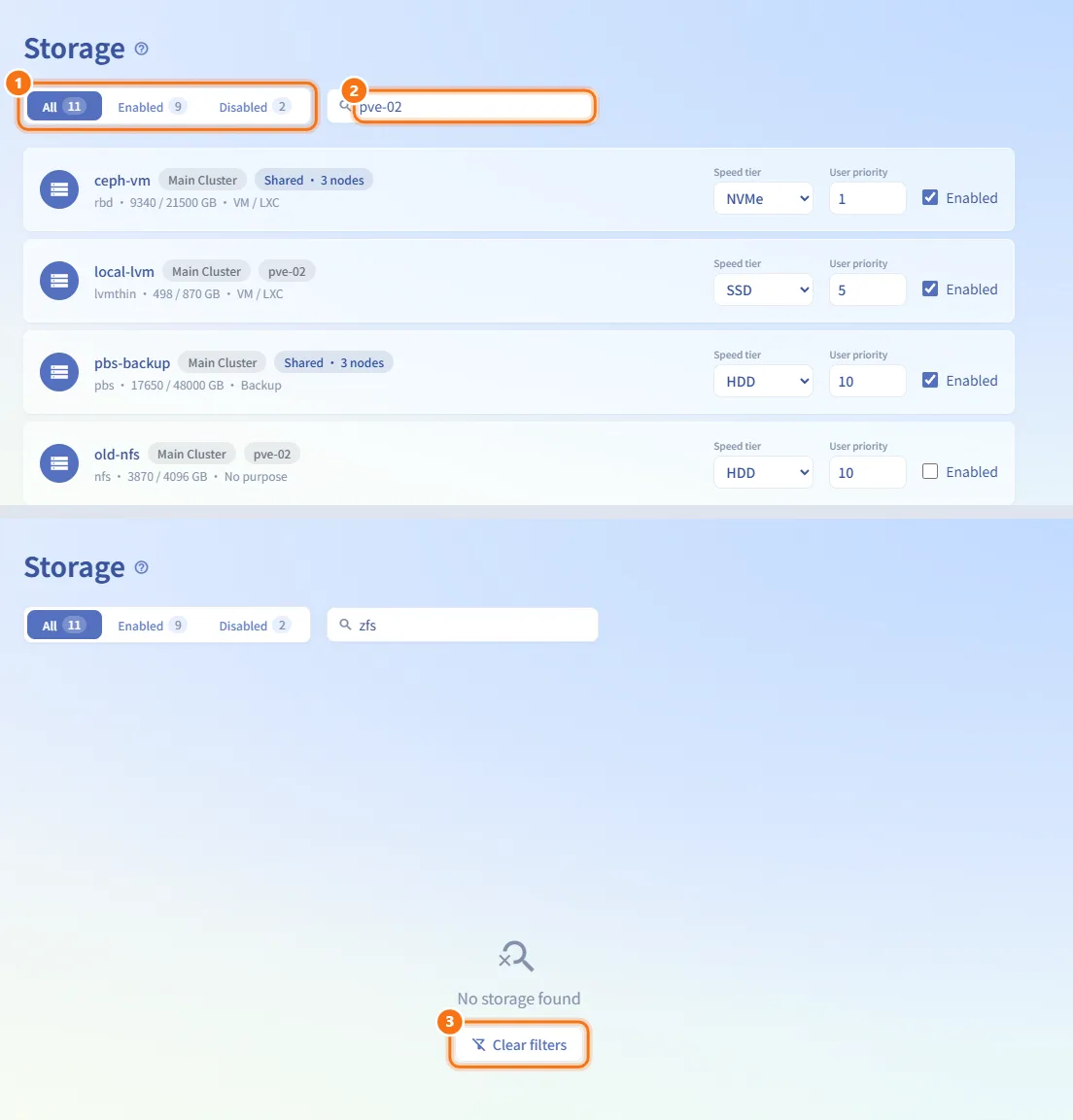 Find a storage (numbers match the steps above)
