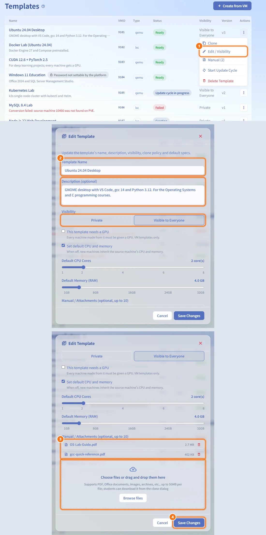 Edit a template or change its visibility (numbers match the steps above)