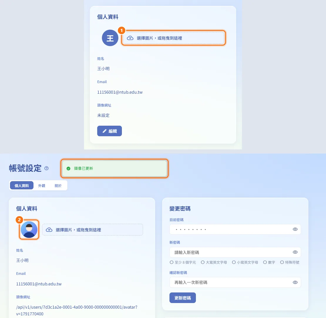 更換頭像（圖中編號對應上方步驟）