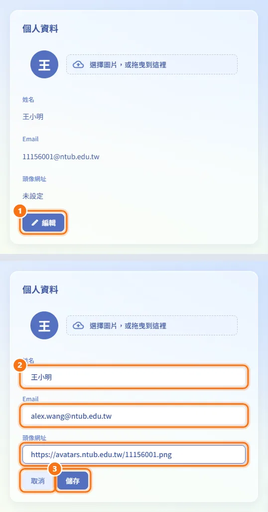 編輯姓名、Email 或頭像網址（圖中編號對應上方步驟）