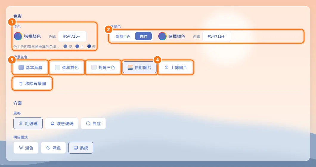 調整色彩與背景（圖中編號對應上方步驟）