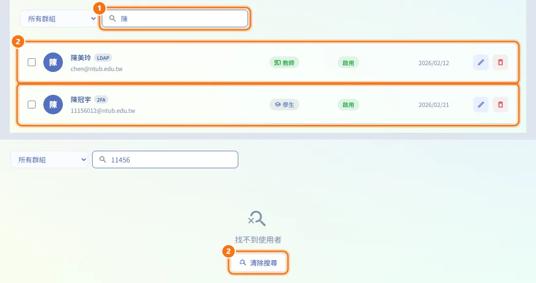 尋找使用者(圖中編號對應上方步驟)