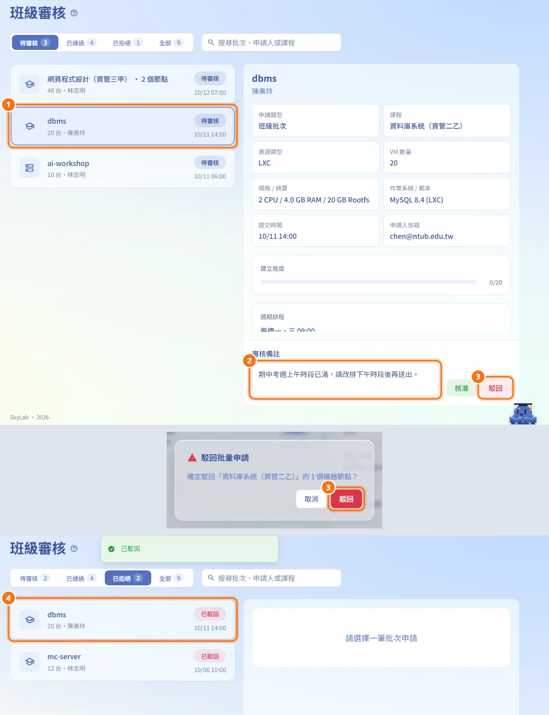 駁回批次(圖中編號對應上方步驟)