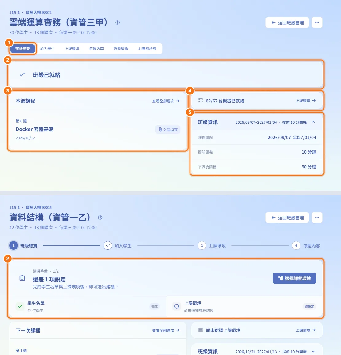 查看班級總覽（圖中編號對應上方步驟）