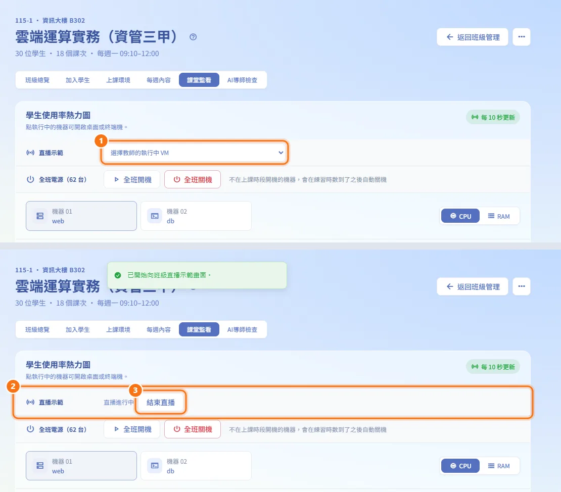 直播示範給全班（圖中編號對應上方步驟）