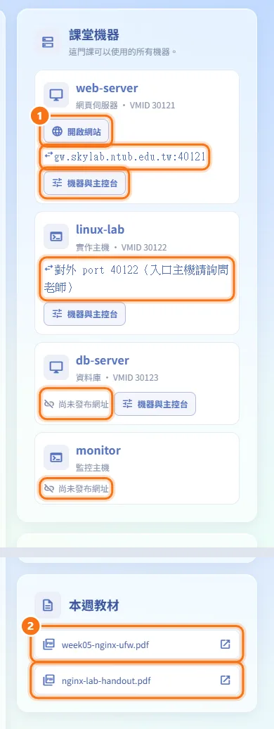 使用本週的機器與教材(圖中編號對應上方步驟)
