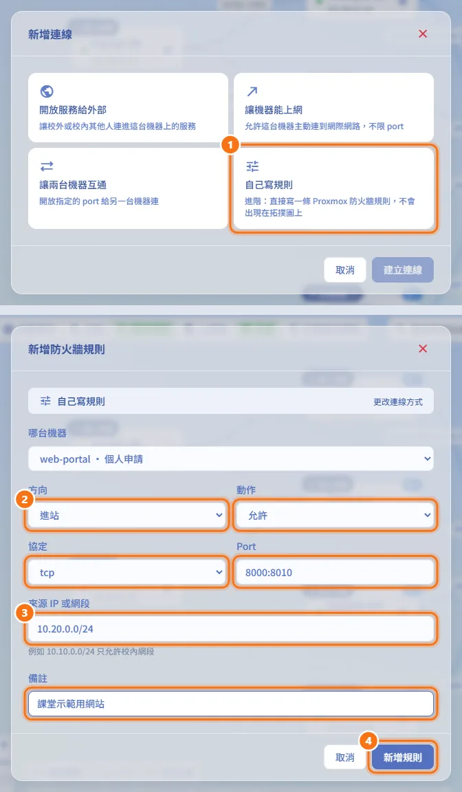 自己寫一條防火牆規則(圖中編號對應上方步驟)