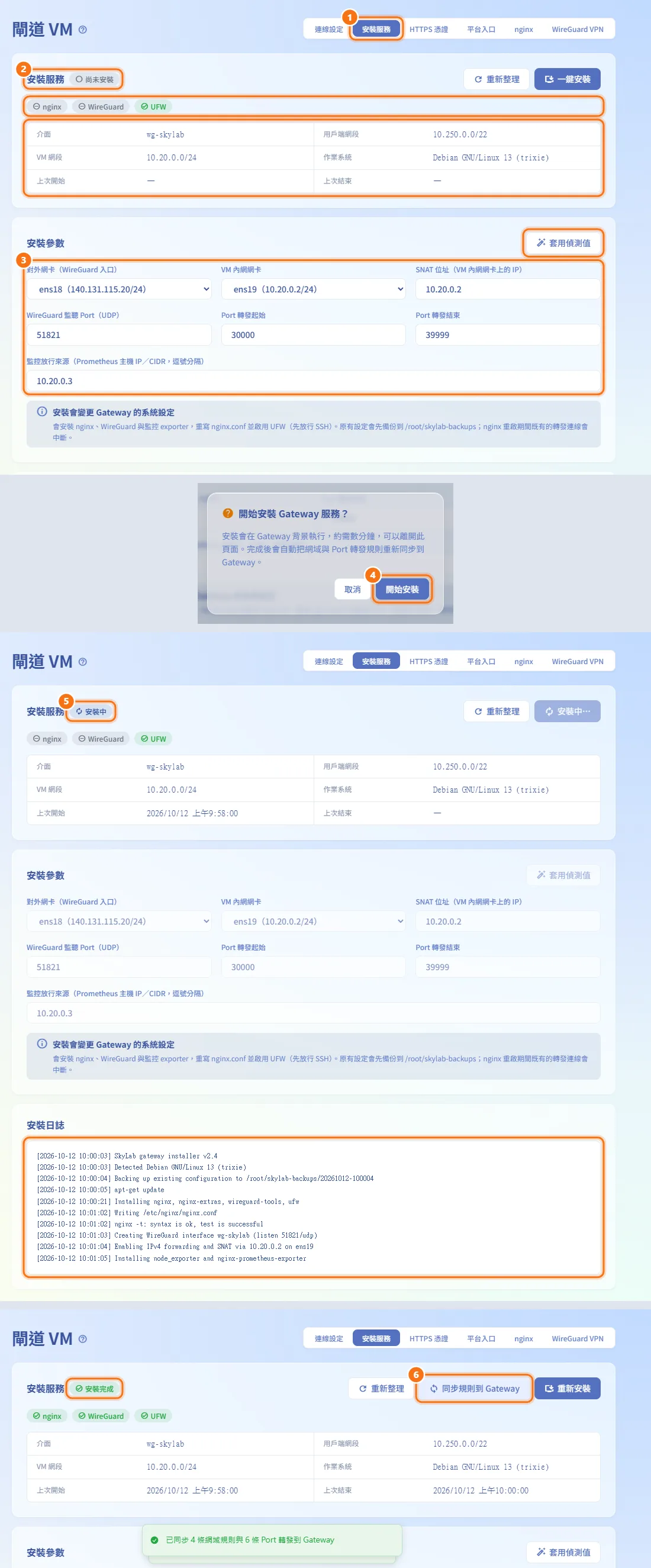 安裝 Gateway 服務(圖中編號對應上方步驟)