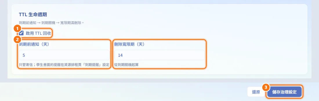 設定到期回收(TTL 生命週期)(圖中編號對應上方步驟)