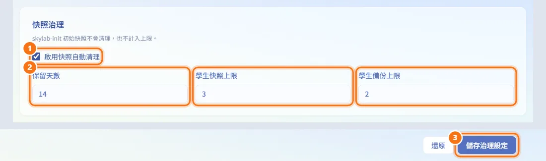 設定快照治理(圖中編號對應上方步驟)