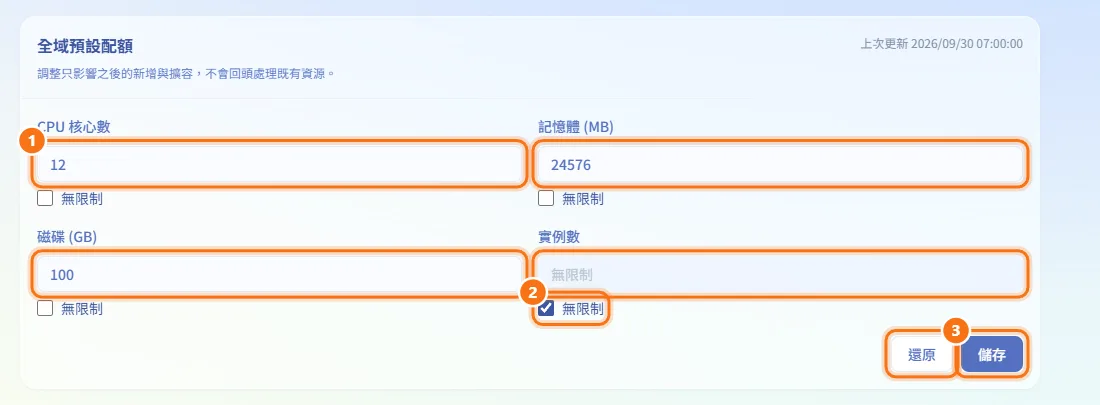 修改全域預設配額(圖中編號對應上方步驟)