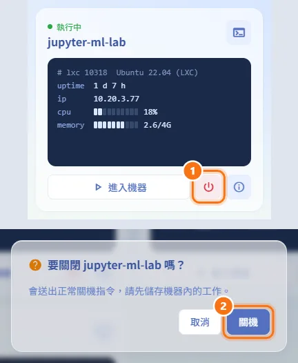 將機器關機（圖中編號對應上方步驟）