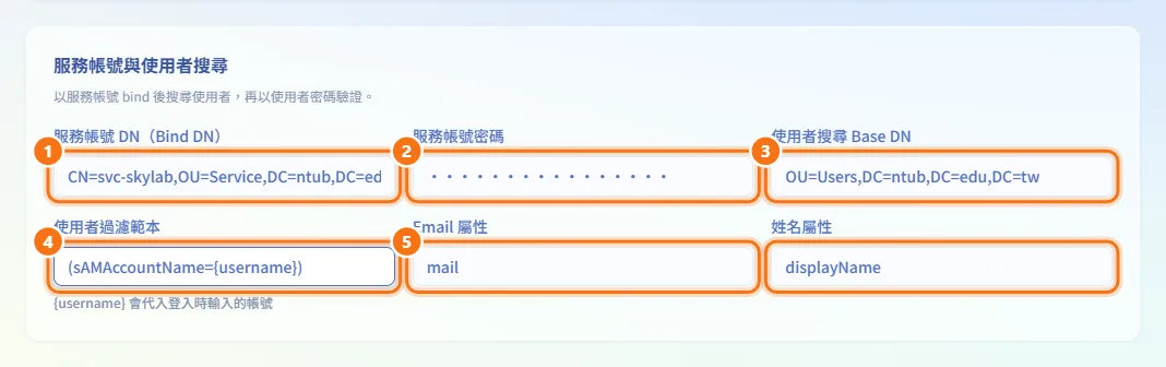 設定服務帳號與使用者搜尋（圖中編號對應上方步驟）