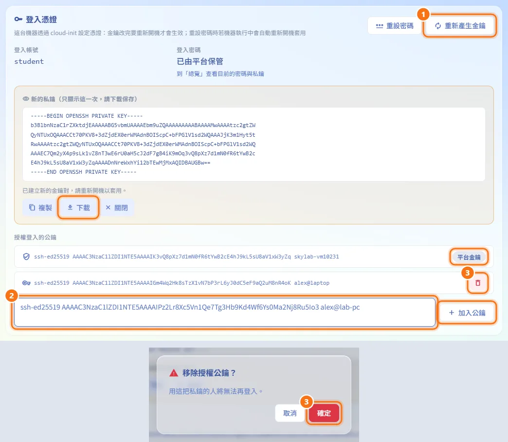 管理 SSH 金鑰(圖中編號對應上方步驟)